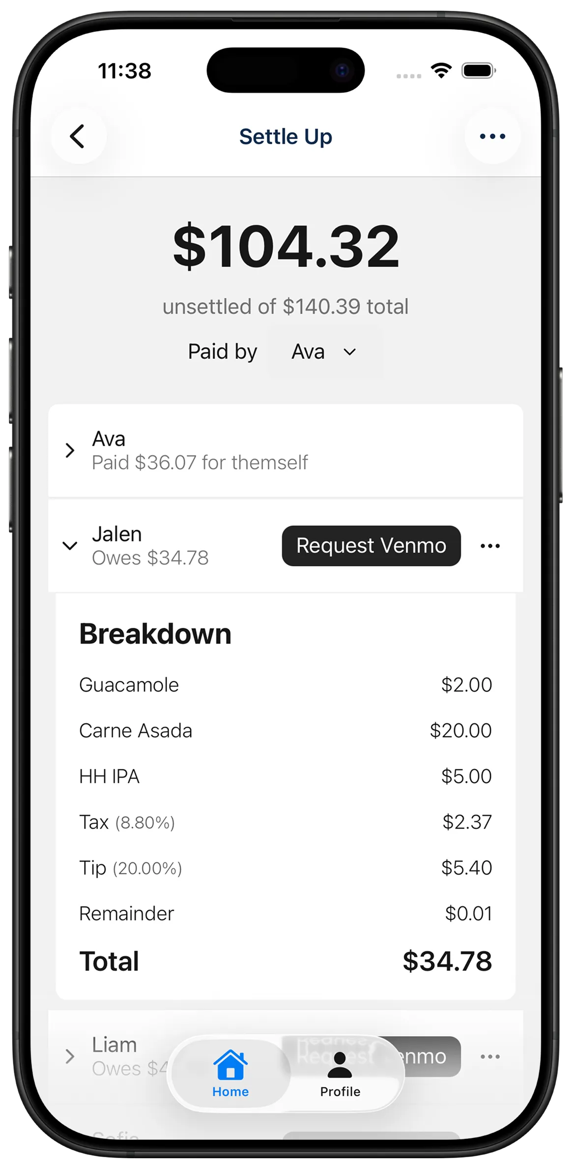 Settle interface showing payment options